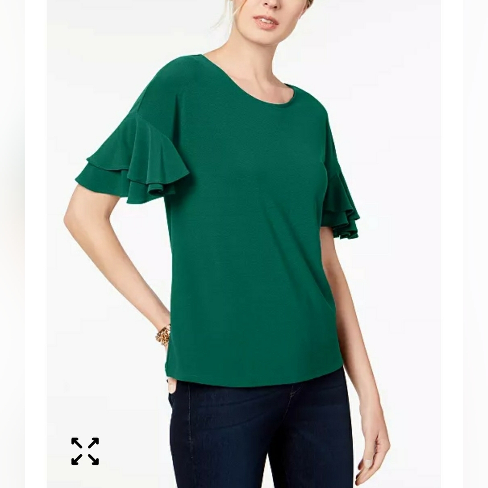 INC International Concepts Emerald Ruffle Sleeve Blouse Sz Med